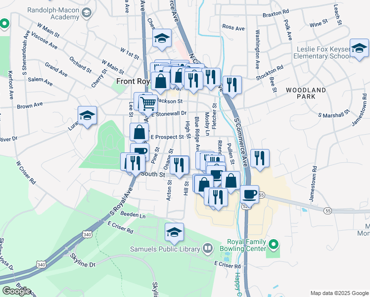 map of restaurants, bars, coffee shops, grocery stores, and more near 320 Cloud Street in Front Royal