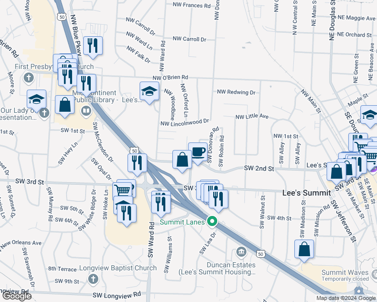 map of restaurants, bars, coffee shops, grocery stores, and more near 155 Southwest Oxford Place in Lee's Summit