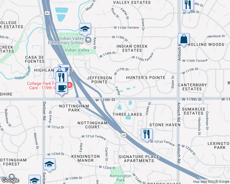 map of restaurants, bars, coffee shops, grocery stores, and more near in Overland Park