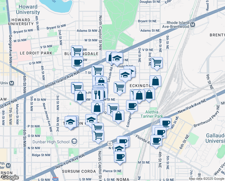 map of restaurants, bars, coffee shops, grocery stores, and more near 1725 Lincoln Road Northeast in Washington