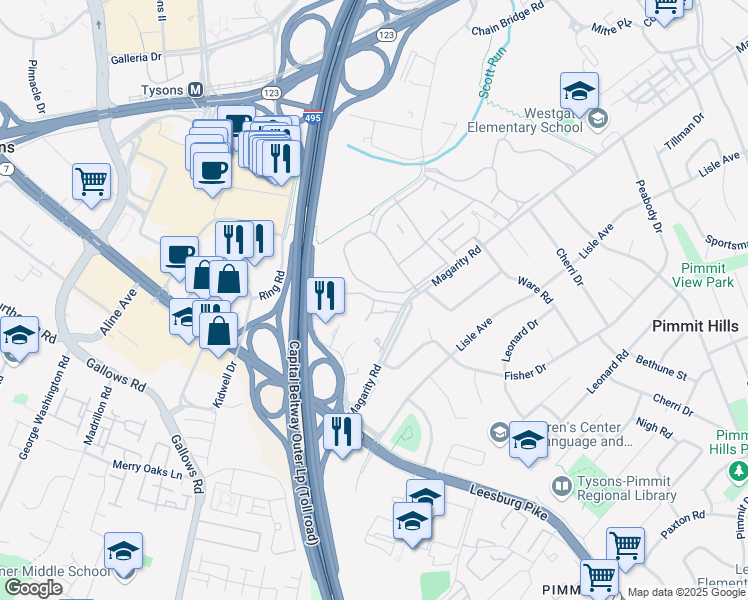 map of restaurants, bars, coffee shops, grocery stores, and more near Enola Street in McLean