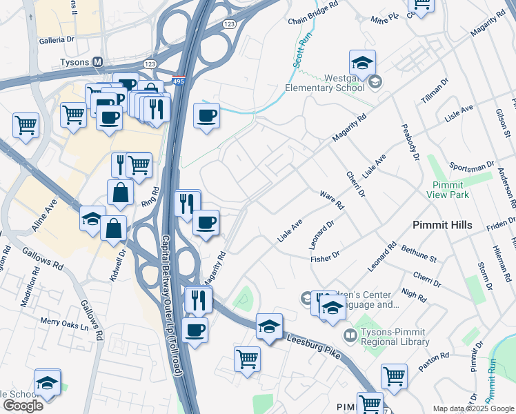 map of restaurants, bars, coffee shops, grocery stores, and more near 7721 Lunceford Lane in Falls Church