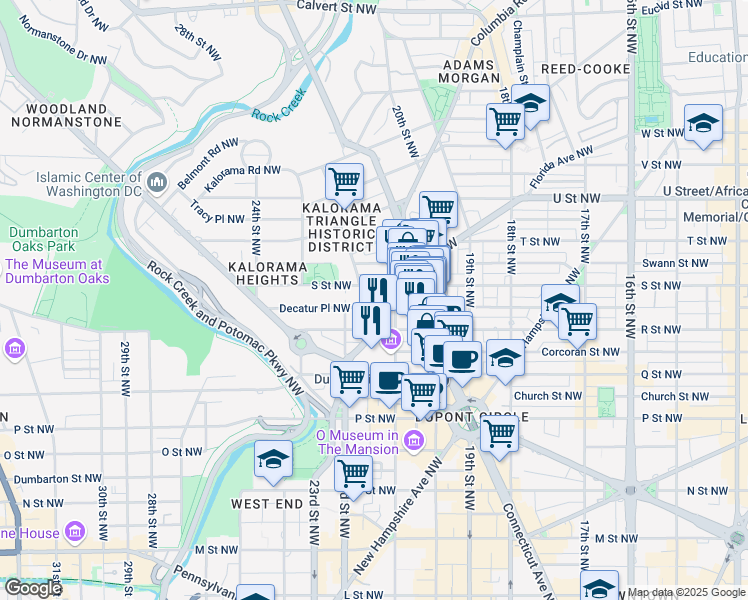 map of restaurants, bars, coffee shops, grocery stores, and more near 2111 Florida Avenue Northwest in Washington