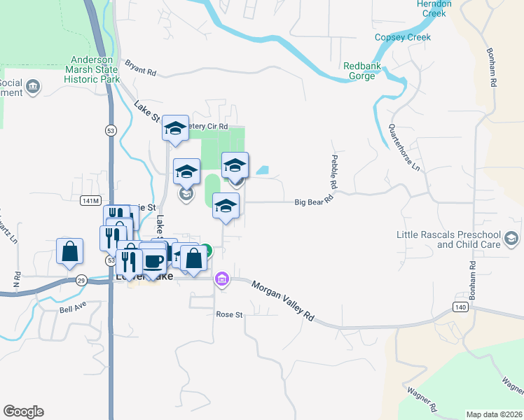 map of restaurants, bars, coffee shops, grocery stores, and more near 16525 Big Bear Road in Lower Lake