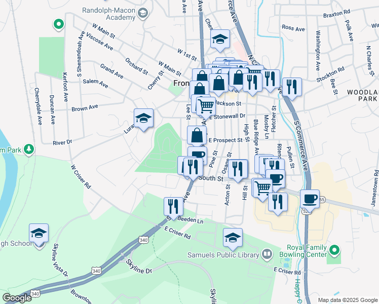 map of restaurants, bars, coffee shops, grocery stores, and more near 320 Lee Street in Front Royal