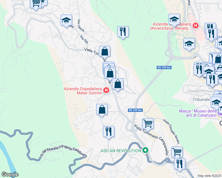 map of restaurants, bars, coffee shops, grocery stores, and more near 68 Viale Tommaso Campanella in Catanzaro