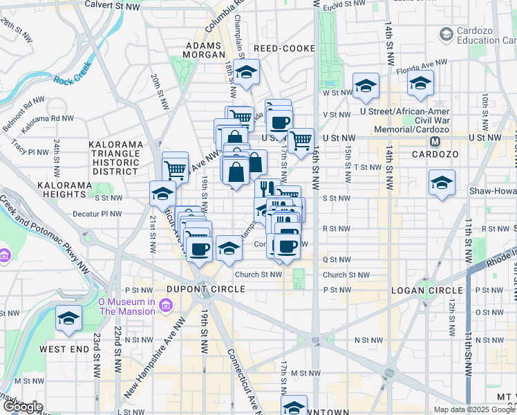 map of restaurants, bars, coffee shops, grocery stores, and more near 1730 New Hampshire Avenue Northwest in Washington