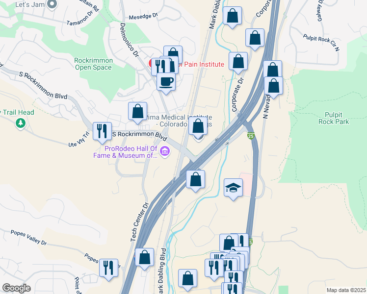 map of restaurants, bars, coffee shops, grocery stores, and more near 6000 Mark Dabling Boulevard in Colorado Springs