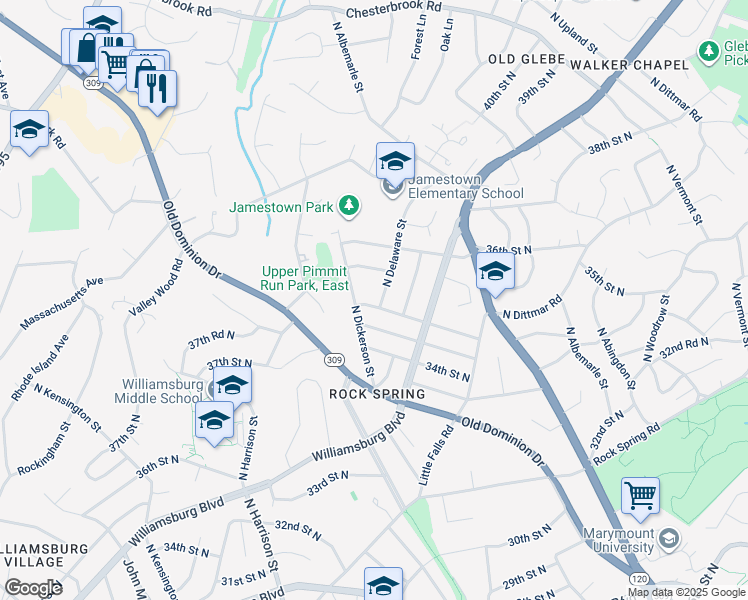 map of restaurants, bars, coffee shops, grocery stores, and more near 5027 35th Street North in Arlington