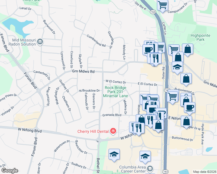 map of restaurants, bars, coffee shops, grocery stores, and more near 3415 Sierra Madre in Columbia