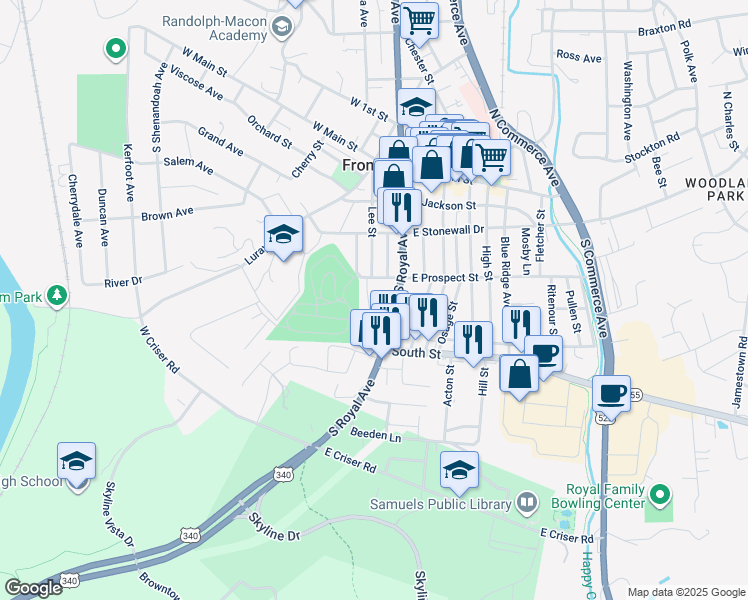map of restaurants, bars, coffee shops, grocery stores, and more near 320 Lee Street in Front Royal