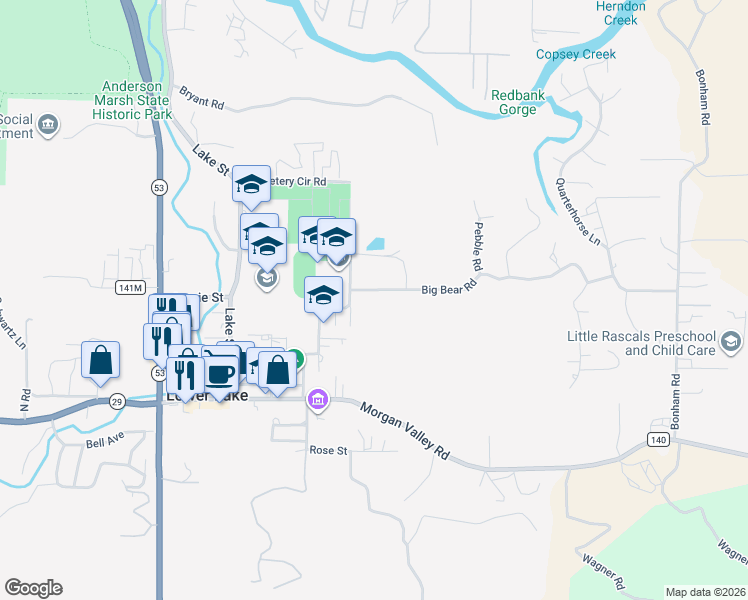 map of restaurants, bars, coffee shops, grocery stores, and more near 16525 Big Bear Road in Lower Lake