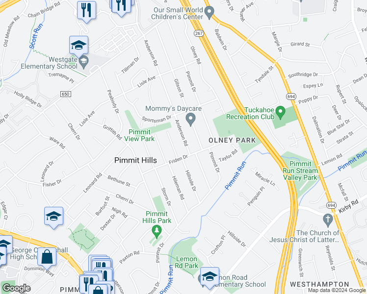 map of restaurants, bars, coffee shops, grocery stores, and more near 1912 Anderson Road in Falls Church