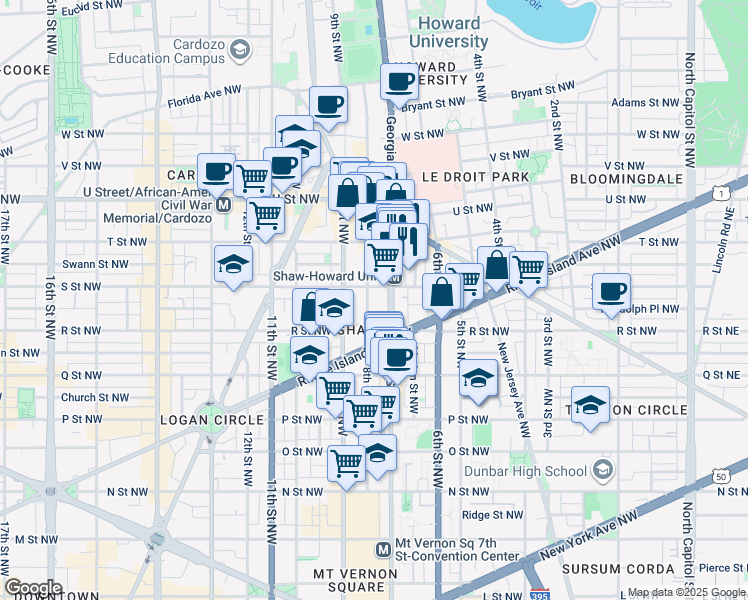map of restaurants, bars, coffee shops, grocery stores, and more near 1711 8th Street Northwest in Washington