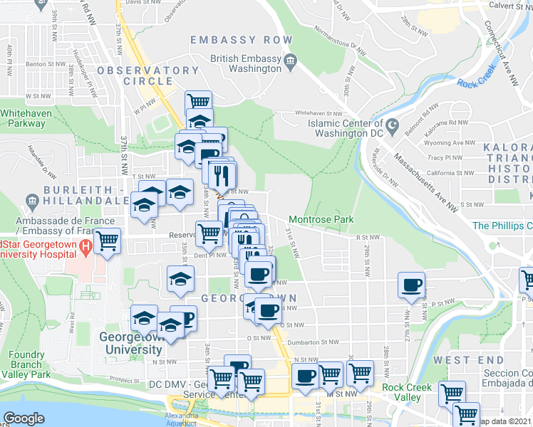map of restaurants, bars, coffee shops, grocery stores, and more near R St NW & 32nd St NW in Washington