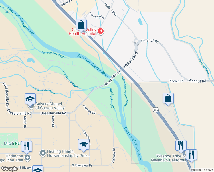 map of restaurants, bars, coffee shops, grocery stores, and more near 1039 Riverview Drive in Gardnerville