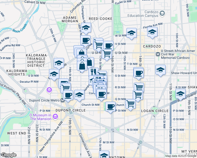 map of restaurants, bars, coffee shops, grocery stores, and more near 1726 17th Street Northwest in Washington