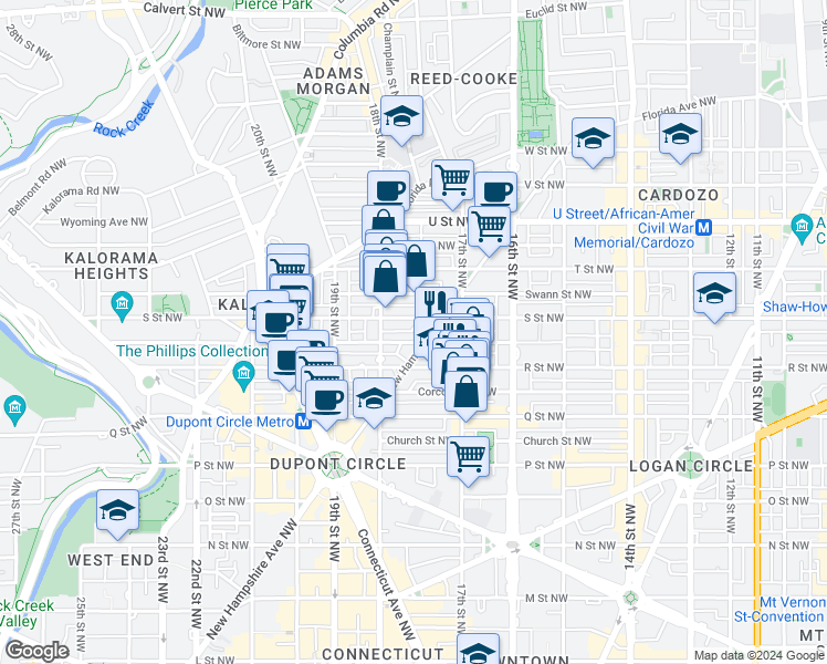 map of restaurants, bars, coffee shops, grocery stores, and more near 1728 New Hampshire Avenue Northwest in Washington