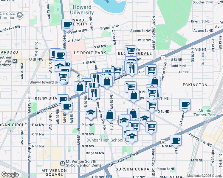 map of restaurants, bars, coffee shops, grocery stores, and more near 235 Florida Avenue Northwest in Washington