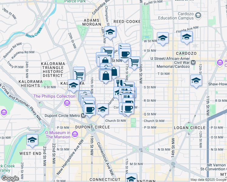 map of restaurants, bars, coffee shops, grocery stores, and more near 1728 New Hampshire Avenue Northwest in Washington