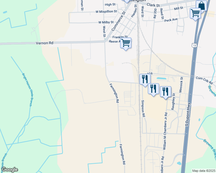 map of restaurants, bars, coffee shops, grocery stores, and more near 3199 Farmington Road in Harrington