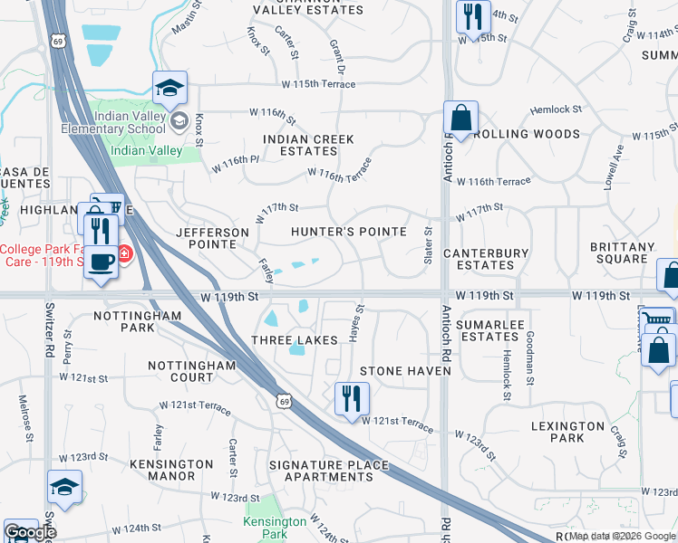 map of restaurants, bars, coffee shops, grocery stores, and more near 9521 West 118th Terrace in Overland Park