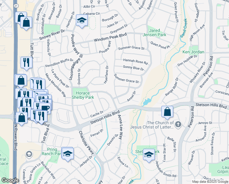 map of restaurants, bars, coffee shops, grocery stores, and more near 5428 Anna Lee Way in Colorado Springs