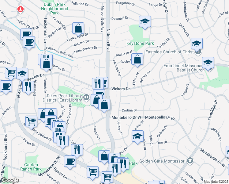 map of restaurants, bars, coffee shops, grocery stores, and more near 5543 North Union Boulevard in Colorado Springs