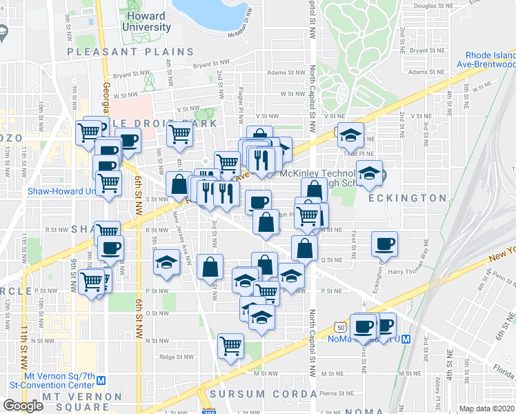 map of restaurants, bars, coffee shops, grocery stores, and more near 101 Independence Avenue Southeast in Washington