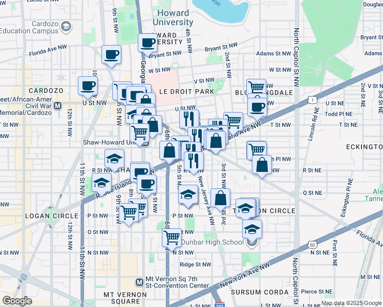 map of restaurants, bars, coffee shops, grocery stores, and more near 101 Independence Avenue Southeast in Washington