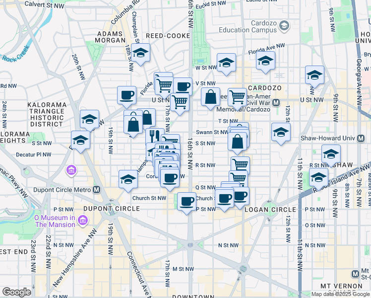 map of restaurants, bars, coffee shops, grocery stores, and more near 1730 16th Street Northwest in Washington