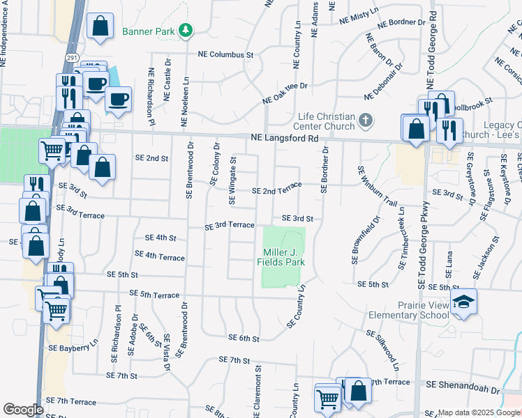 map of restaurants, bars, coffee shops, grocery stores, and more near 1214 Southeast 3rd Terrace in Lee's Summit
