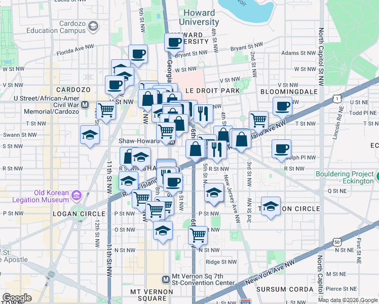 map of restaurants, bars, coffee shops, grocery stores, and more near 101 Independence Avenue Southeast in Washington
