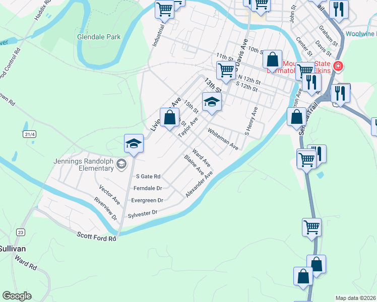 map of restaurants, bars, coffee shops, grocery stores, and more near 1719-1741 S Davis Ave in Elkins