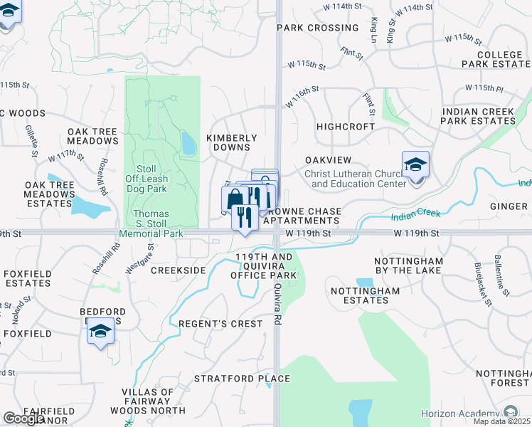 map of restaurants, bars, coffee shops, grocery stores, and more near 11904 W 119th St in Overland Park