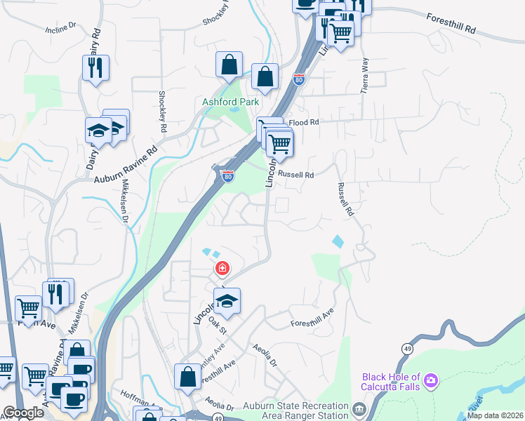 map of restaurants, bars, coffee shops, grocery stores, and more near Auburn Woods in Auburn