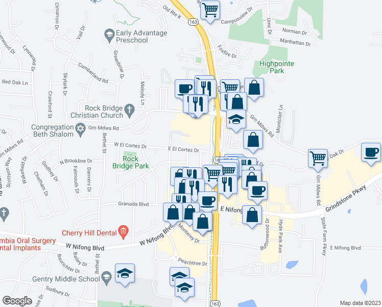 map of restaurants, bars, coffee shops, grocery stores, and more near 3400 Madrid Lane in Columbia