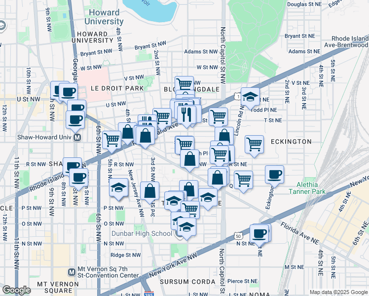 map of restaurants, bars, coffee shops, grocery stores, and more near 101 Independence Avenue Southeast in Washington
