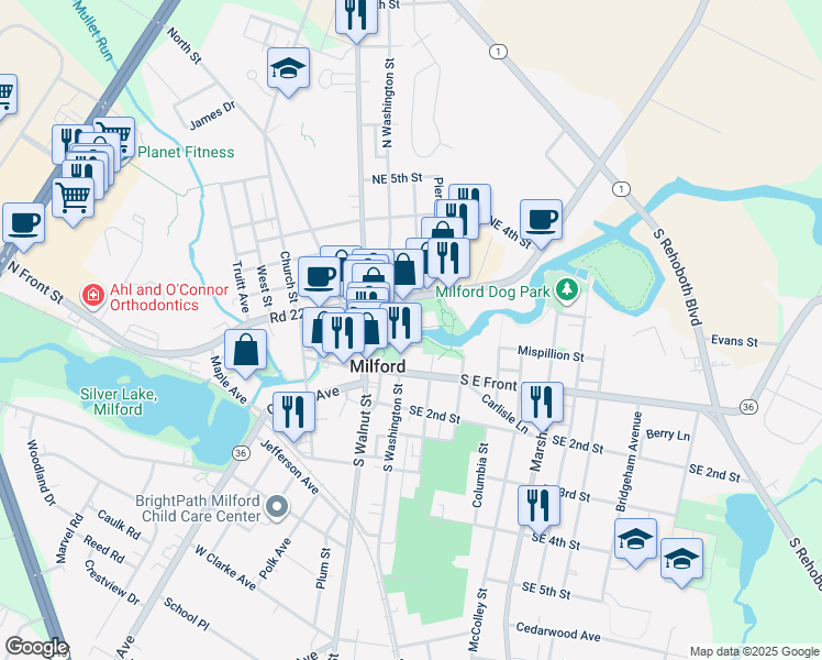 map of restaurants, bars, coffee shops, grocery stores, and more near 5 South Washington Street in Milford