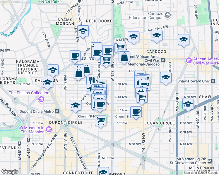 map of restaurants, bars, coffee shops, grocery stores, and more near 1730 16th Street Northwest in Washington