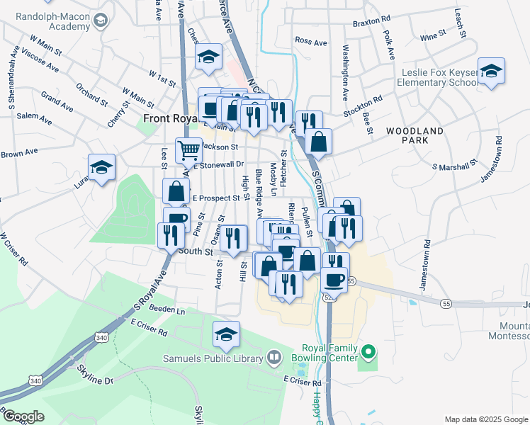 map of restaurants, bars, coffee shops, grocery stores, and more near 316 Blue Ridge Avenue in Front Royal