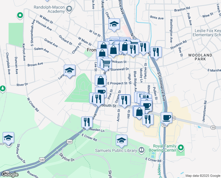 map of restaurants, bars, coffee shops, grocery stores, and more near 319 Pine Street in Front Royal