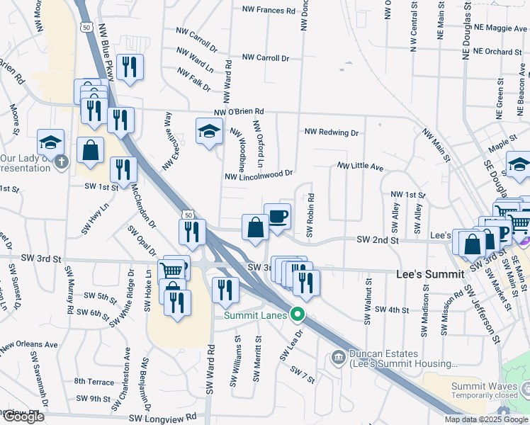 map of restaurants, bars, coffee shops, grocery stores, and more near 133 Southwest Oxford Place in Lee's Summit