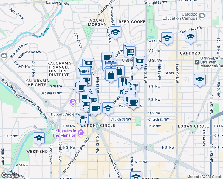 map of restaurants, bars, coffee shops, grocery stores, and more near 1749 18th Street Northwest in Washington
