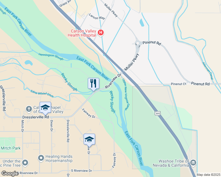 map of restaurants, bars, coffee shops, grocery stores, and more near 1039 Riverview Drive in Gardnerville