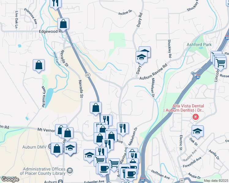 map of restaurants, bars, coffee shops, grocery stores, and more near 712 Dorothy Way in Auburn