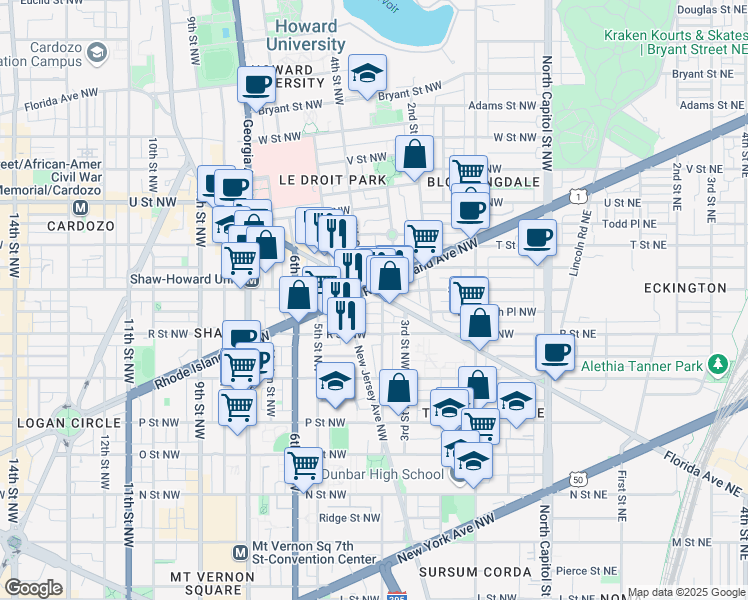 map of restaurants, bars, coffee shops, grocery stores, and more near 404 Florida Avenue Northwest in Washington