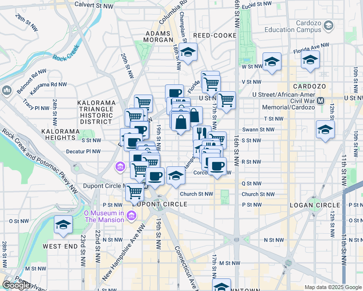 map of restaurants, bars, coffee shops, grocery stores, and more near 1749 18th Street Northwest in Washington