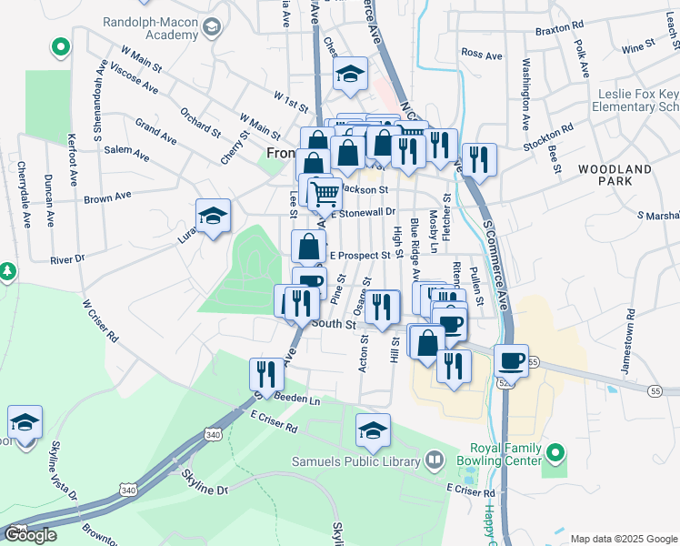 map of restaurants, bars, coffee shops, grocery stores, and more near 319 Pine Street in Front Royal