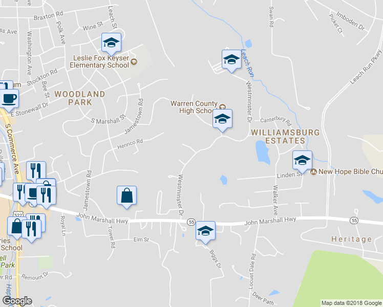 map of restaurants, bars, coffee shops, grocery stores, and more near 75 Westminster Drive in Front Royal
